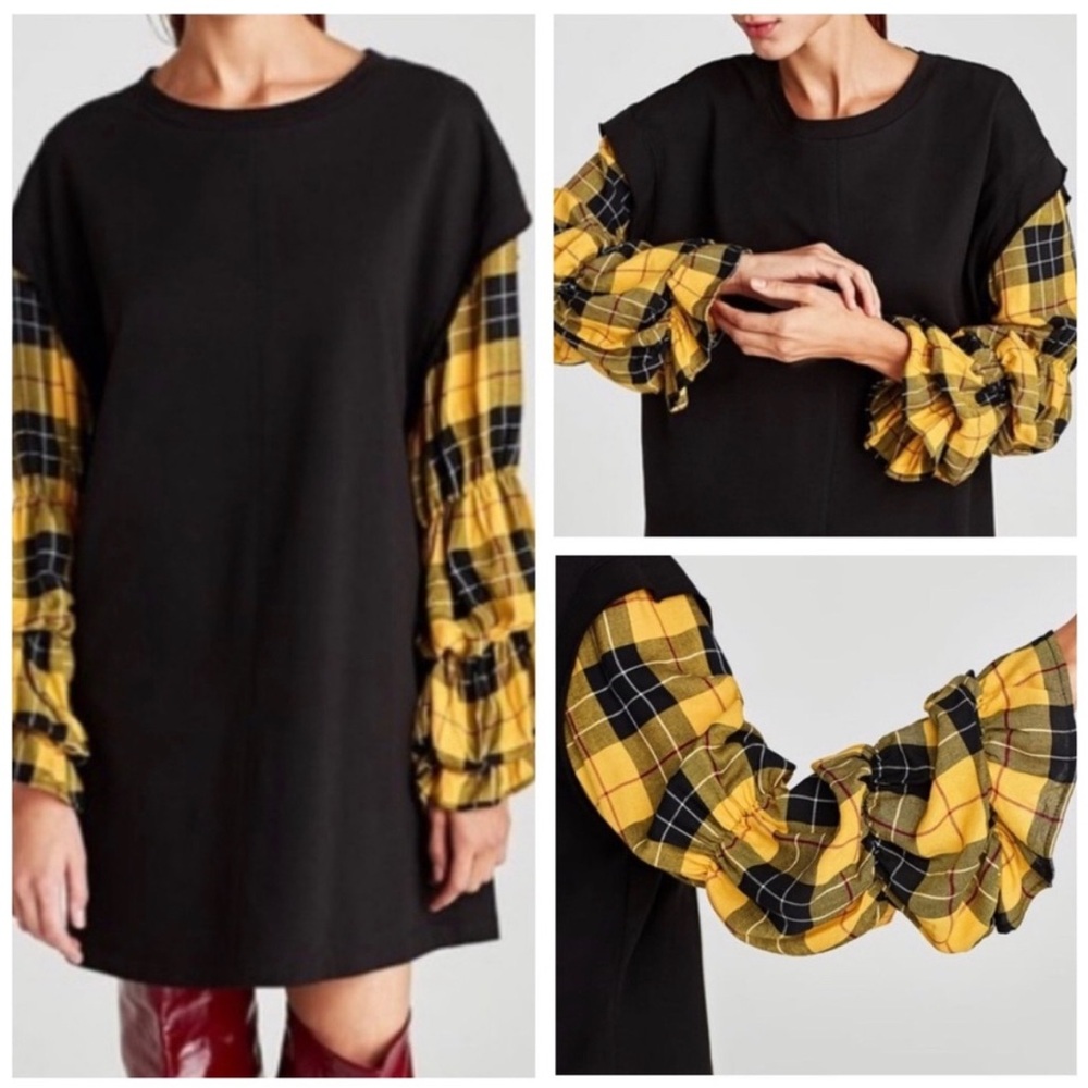 Zara Black Dress with Yellow plaid sleeves- M